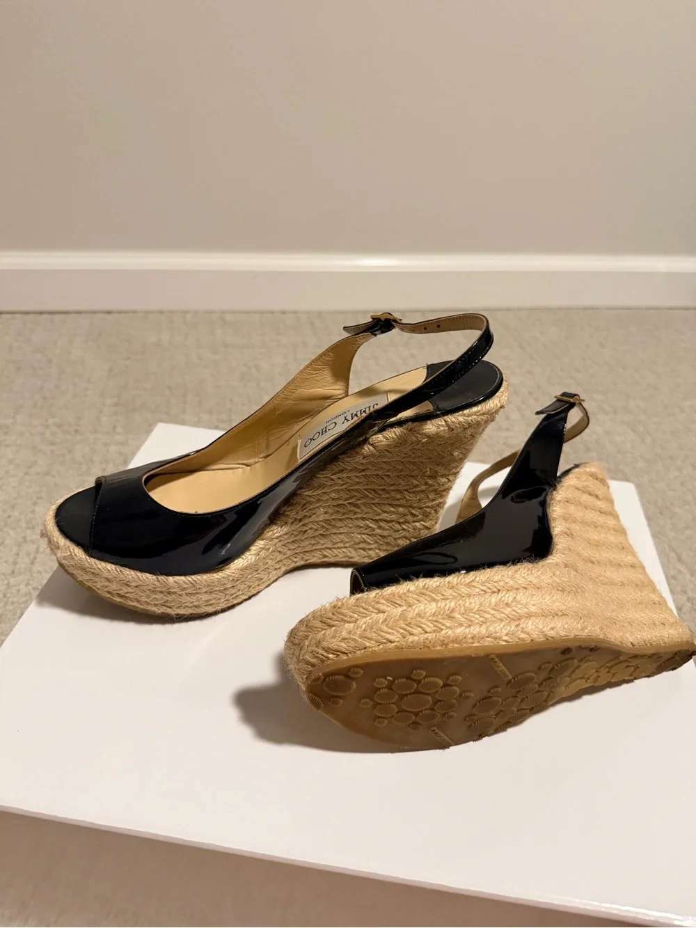 Jimmy Choo Black Patent Leather Espadrille Wedge Slingbacks